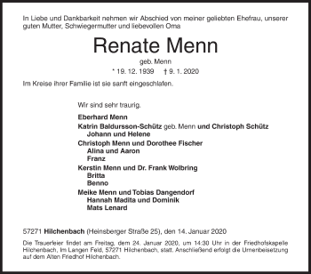 Traueranzeige von Renate Menn von Siegener Zeitung
