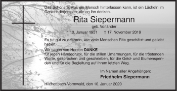 Traueranzeige von Rita Siepermann von Siegener Zeitung