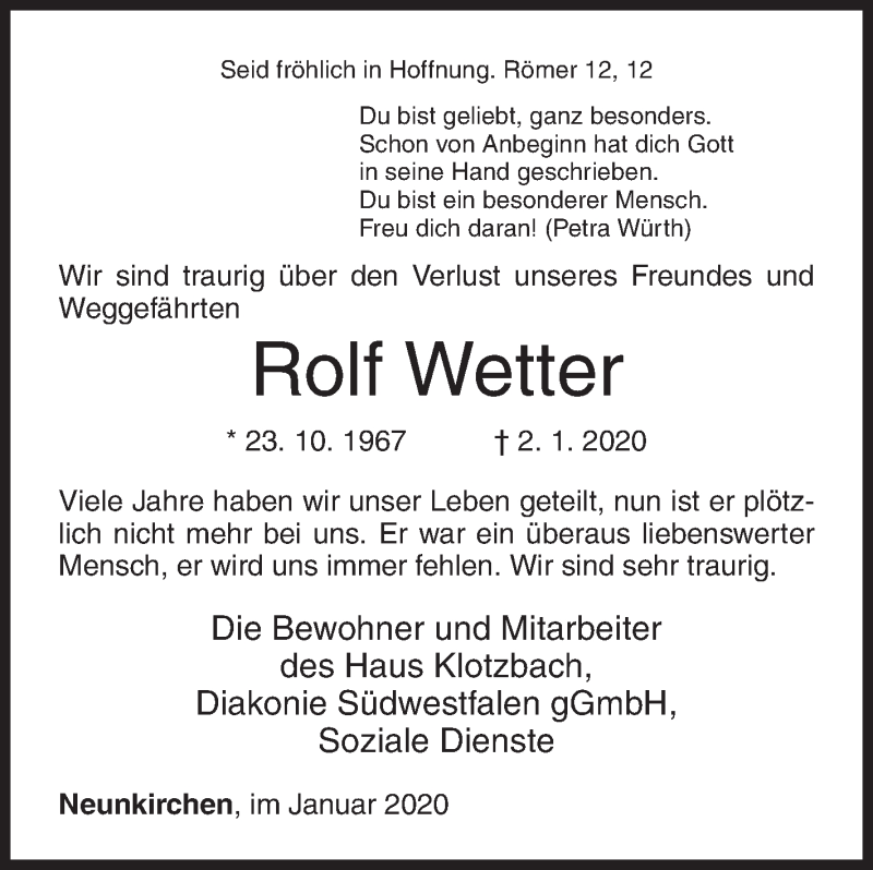  Traueranzeige für Rolf Wetter vom 04.01.2020 aus Siegener Zeitung