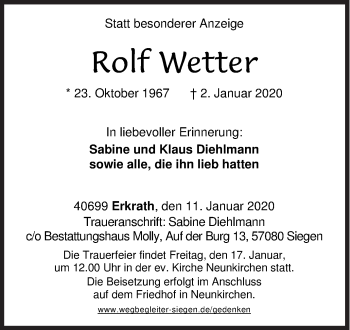 Traueranzeige von Rolf Wetter von Siegener Zeitung