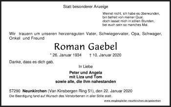 Traueranzeige von Roman Gaebel von Siegener Zeitung