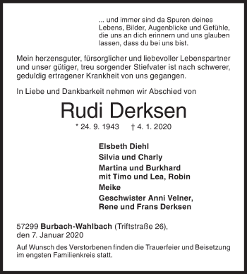 Traueranzeige von Rudi Derksen von Siegener Zeitung