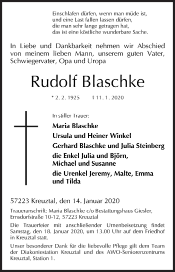 Traueranzeige von Rudolf Blaschke von Siegener Zeitung