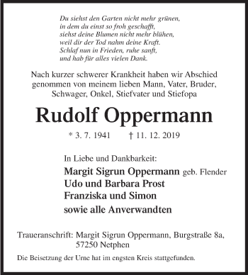 Traueranzeige von Rudolf Oppermann von Siegener Zeitung