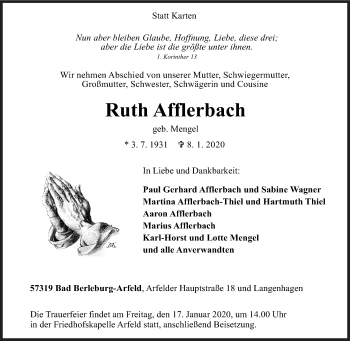 Traueranzeige von Ruth Afflerbach von Siegener Zeitung