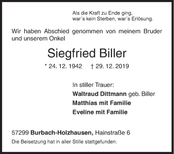 Traueranzeige von Siegfried Biller von Siegener Zeitung