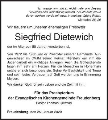 Traueranzeige von Siegfried Dietewich von Siegener Zeitung