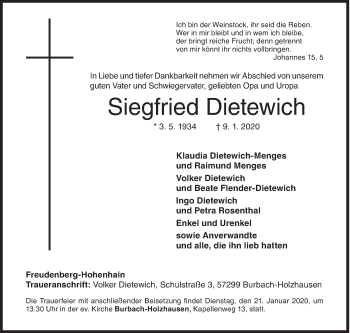 Traueranzeige von Siegfried Dietewich von Siegener Zeitung