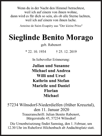 Traueranzeige von Sieglinde  Benito Morago von Siegener Zeitung
