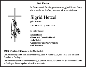 Traueranzeige von Sigrid Hetzel von Siegener Zeitung