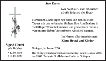 Traueranzeige von Sigrid Hetzel von Siegener Zeitung