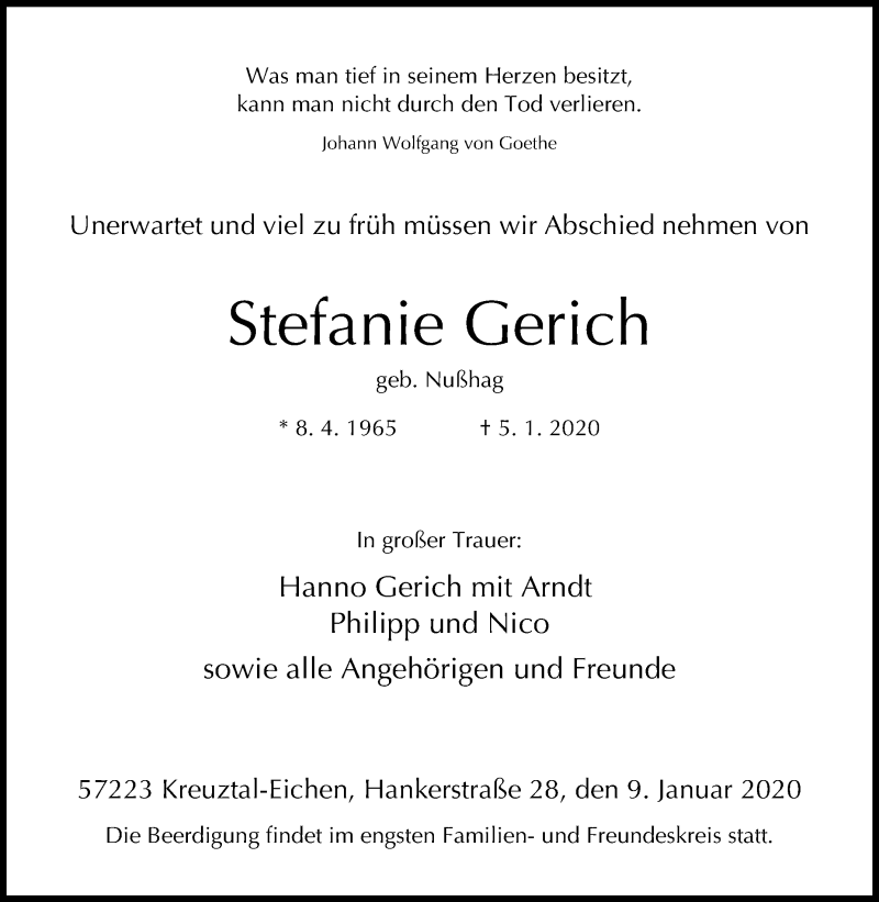  Traueranzeige für Stefanie Gerich vom 09.01.2020 aus Siegener Zeitung