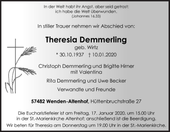 Traueranzeige von Theresia Demmerling von Siegener Zeitung