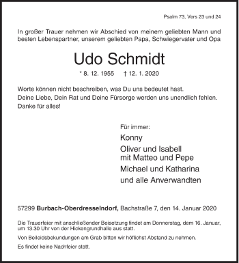 Traueranzeige von Udo Schmidt von Siegener Zeitung