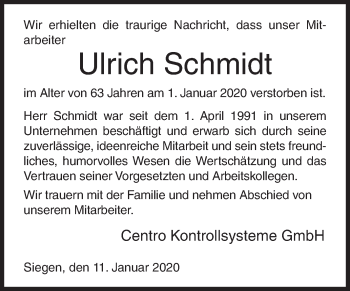 Traueranzeige von Ulrich Schmidt von Siegener Zeitung
