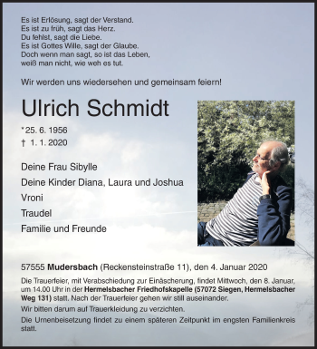 Traueranzeige von Ulrich Schmidt von Siegener Zeitung
