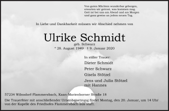 Traueranzeige von Ulrike Schmidt von Siegener Zeitung