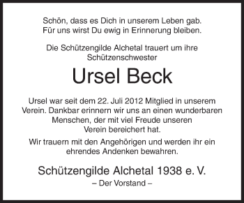 Traueranzeige von Ursel Beck von Siegener Zeitung