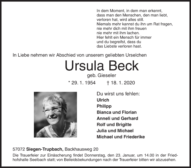  Traueranzeige für Ursula Beck vom 20.01.2020 aus Siegener Zeitung