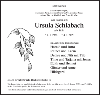Traueranzeige von Ursula Schlabach von Siegener Zeitung