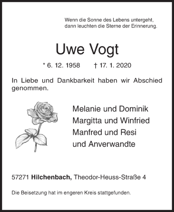 Traueranzeige von Uwe Vogt von Siegener Zeitung