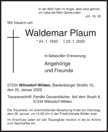 Traueranzeige von Waldemar Plaum von Siegener Zeitung