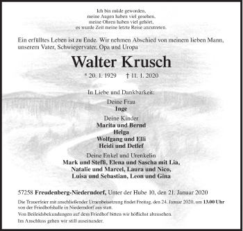 Traueranzeige von Walter Krusch von Siegener Zeitung