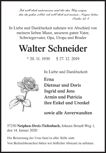 Traueranzeige von Walter Schneider von Siegener Zeitung