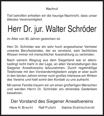 Traueranzeige von Walter Schröder von Siegener Zeitung