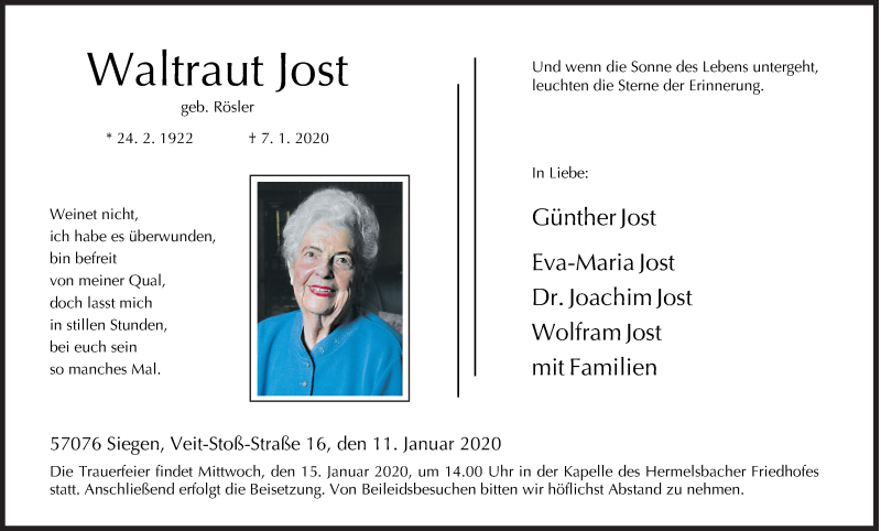  Traueranzeige für Waltraut Jost vom 11.01.2020 aus Siegener Zeitung
