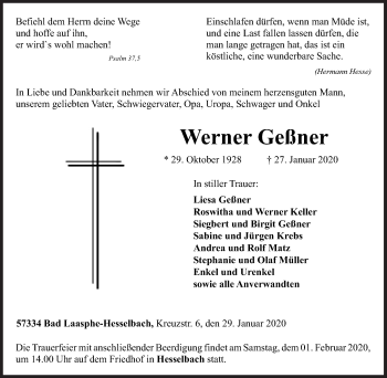 Traueranzeige von Werner Geßner von Siegener Zeitung