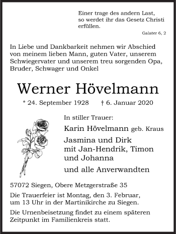 Traueranzeige von Werner Hövelmann von Siegener Zeitung