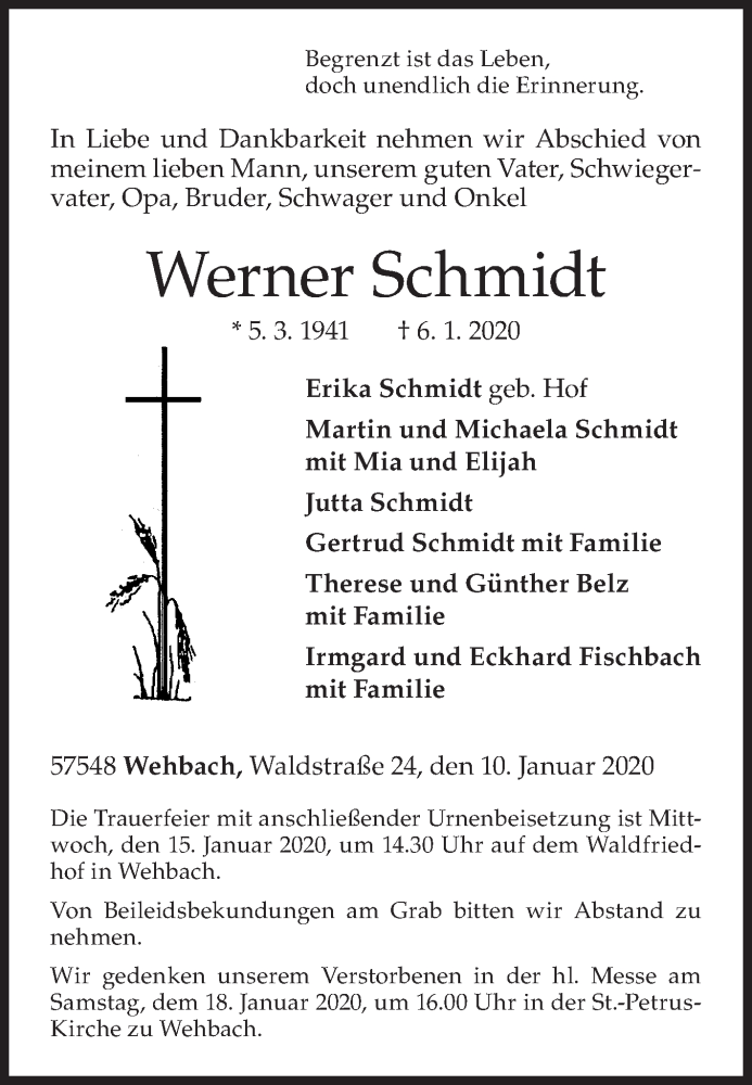  Traueranzeige für Werner Schmidt vom 10.01.2020 aus Siegener Zeitung
