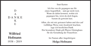 Traueranzeige von Wilfried Hofmann von Siegener Zeitung