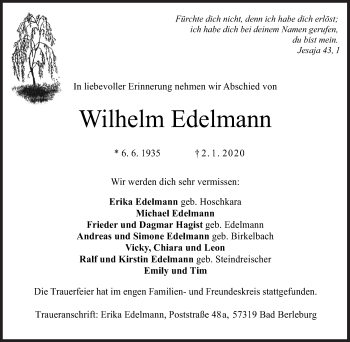 Traueranzeige von Wilhelm Edelmann von Siegener Zeitung