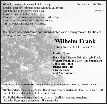 Traueranzeige von Wilhelm Frank von Siegener Zeitung