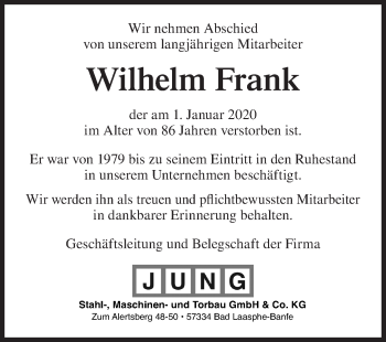Traueranzeige von Wilhelm Frank von Siegener Zeitung