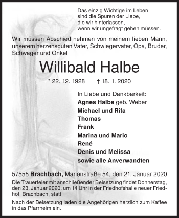 Traueranzeige von Willibald Halbe von Siegener Zeitung