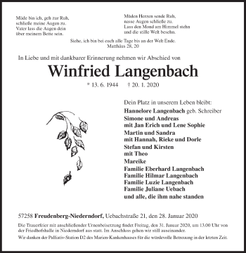 Traueranzeige von Winfried Langenbach von Siegener Zeitung