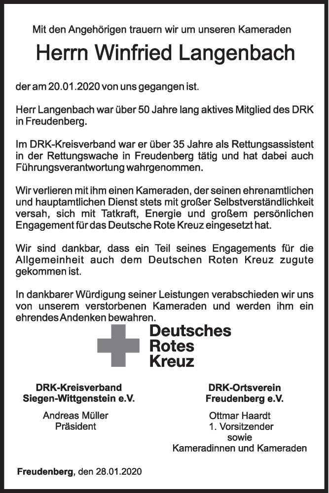  Traueranzeige für Winfried Langenbach vom 28.01.2020 aus Siegener Zeitung