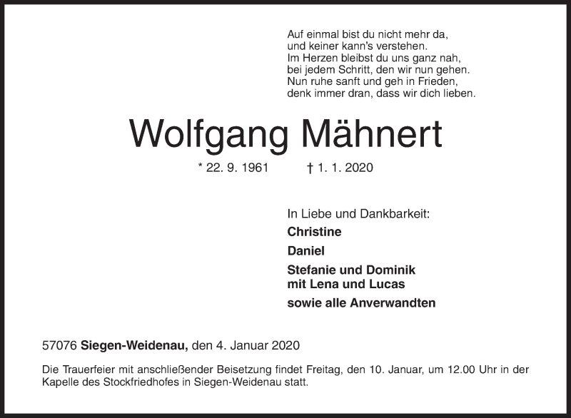  Traueranzeige für Wolfgang Mähnert vom 04.01.2020 aus Siegener Zeitung