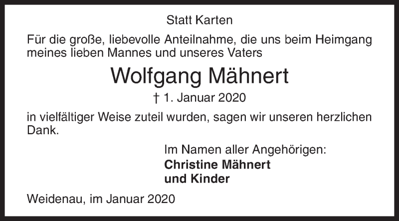  Traueranzeige für Wolfgang Mähnert vom 25.01.2020 aus Siegener Zeitung