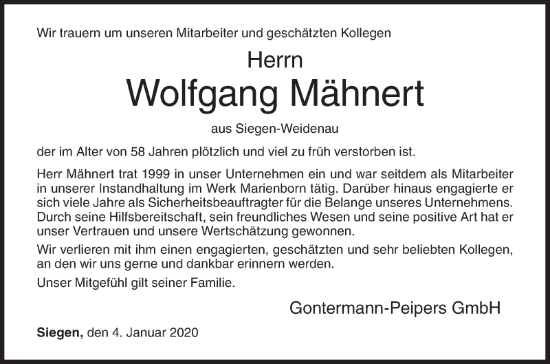  Traueranzeige für Wolfgang Mähnert vom 04.01.2020 aus Siegener Zeitung