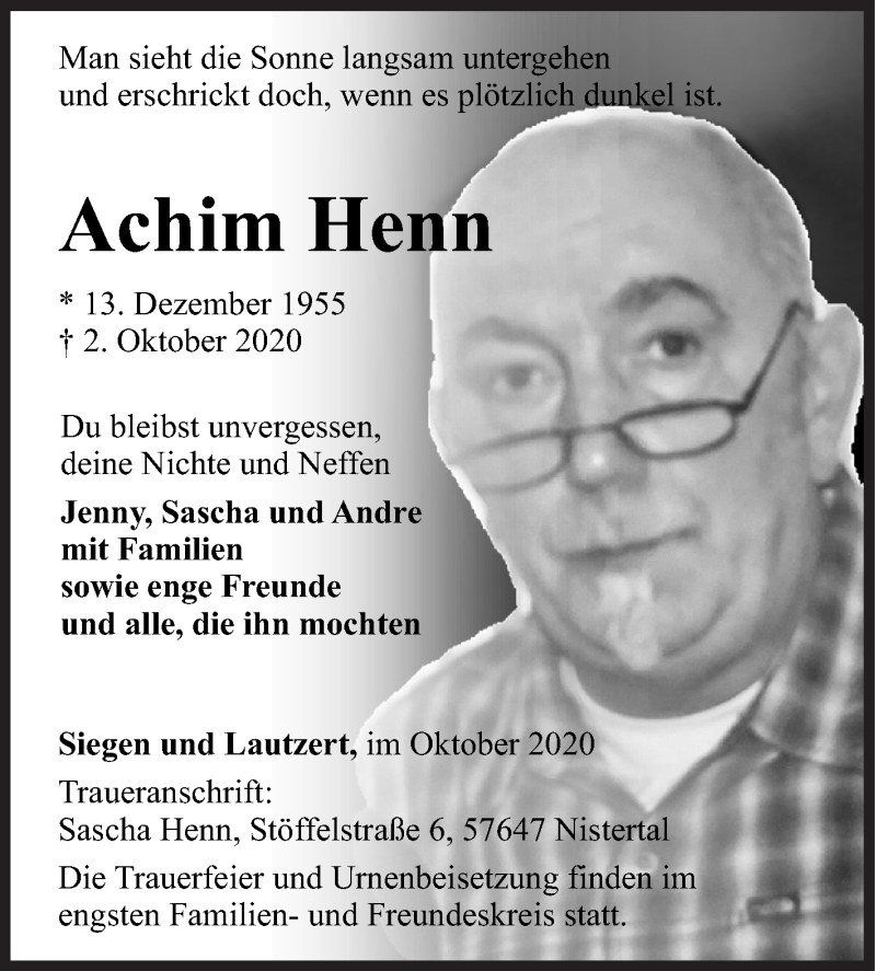  Traueranzeige für Achim Henn vom 13.10.2020 aus Siegener Zeitung