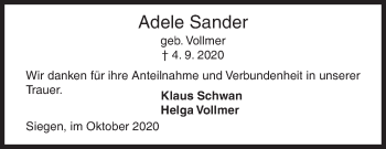 Traueranzeige von Adele Sander von Siegener Zeitung