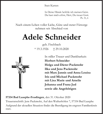 Traueranzeige von Adele Schneider von Siegener Zeitung