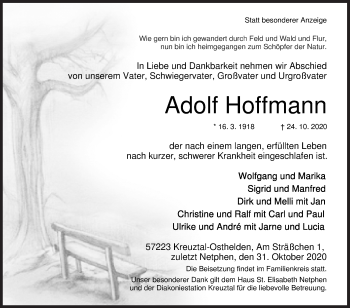 Traueranzeige von Adolf Hoffmann von Siegener Zeitung