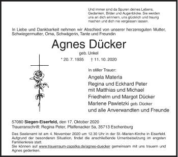 Traueranzeige von Agnes Dücker von Siegener Zeitung