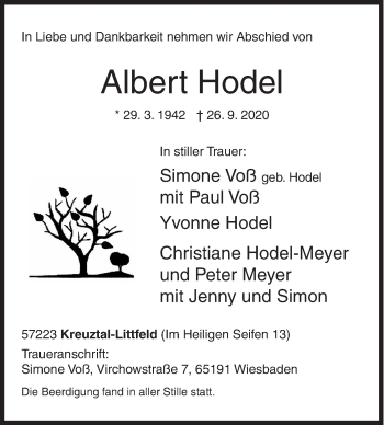 Traueranzeige von Albert Hodel von Siegener Zeitung