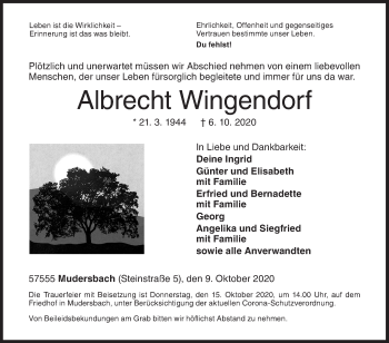 Traueranzeige von Albrecht Wingendorf von Siegener Zeitung